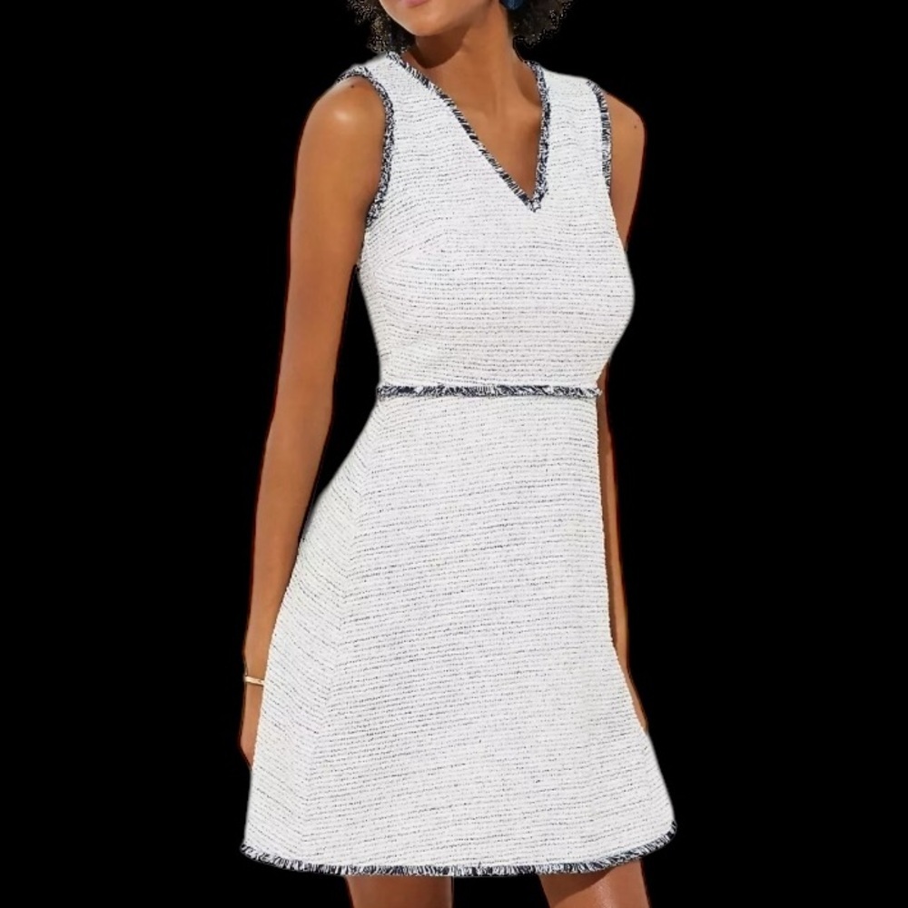 Loft Dress Women’s 10 Gray White Blue Tweed Boucle V-Neck Fringe Sleeveless NWT